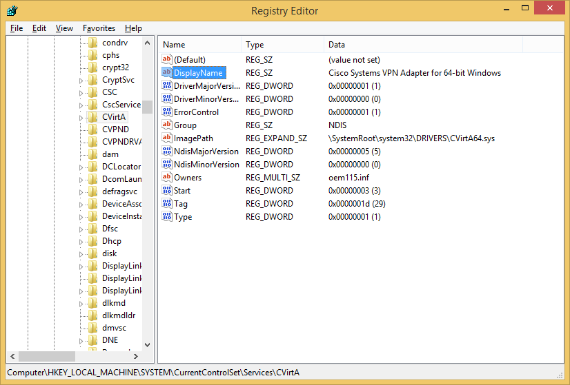 Set the DisplayName value to Cisco Systems VPN Adapter for 64-bit Windows