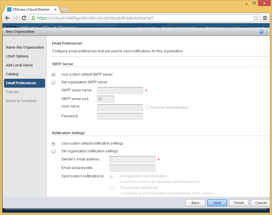 vCloud Director - Create a new organization - Email Preferences