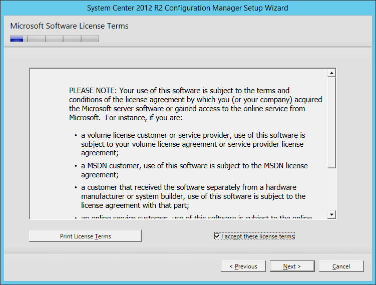 System Center 2012 R2 Configuration manager Setup - Microsoft Software License Terms
