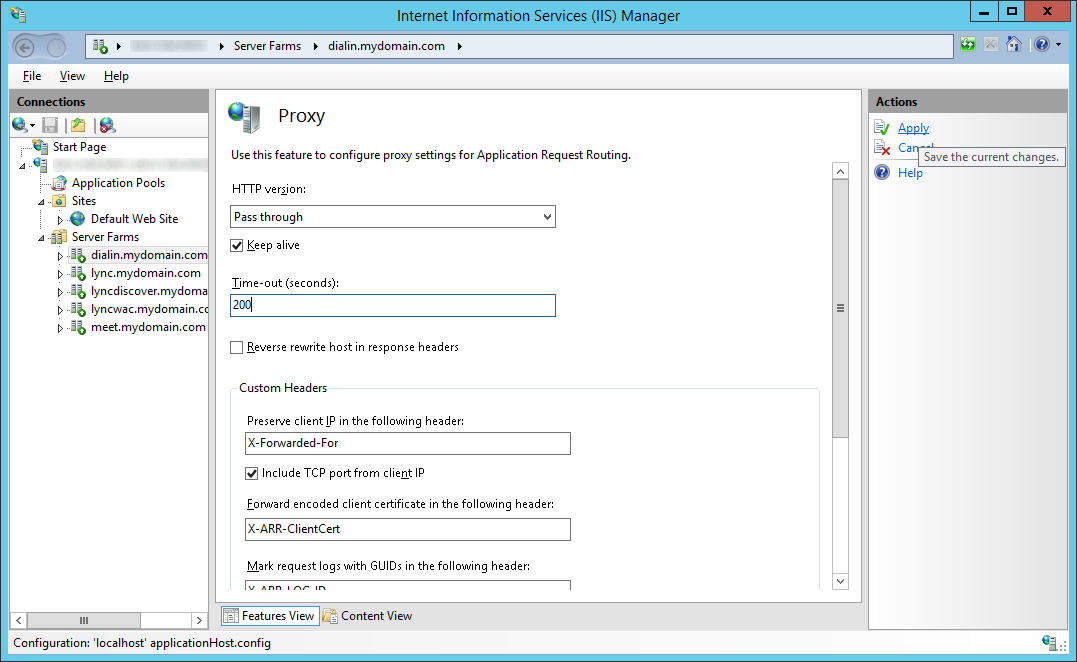 LyncRP - Internet Information Services IIS Manager - Server Farms - Proxy - Time-out 200