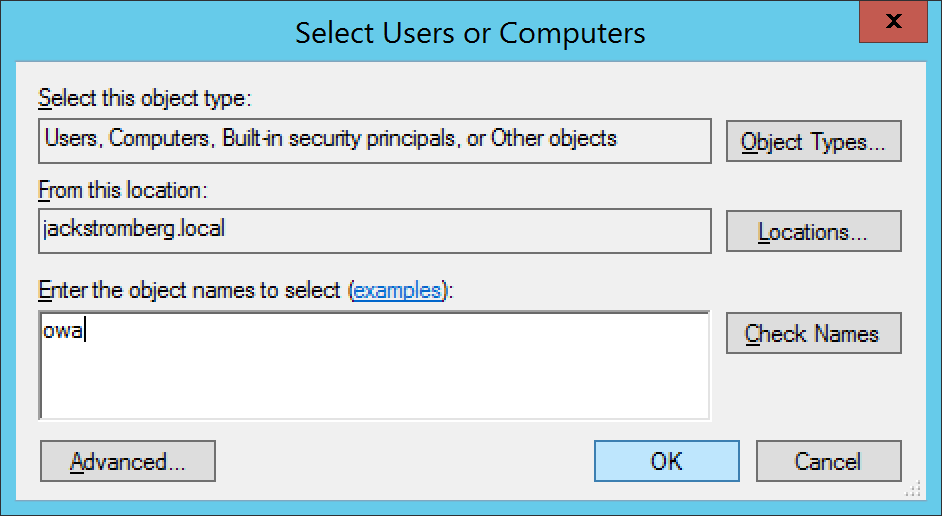 Active Directory Users and Computers - Computers - OWA - Properties - Delegation - Add - users or Computers - Select Users or Computers