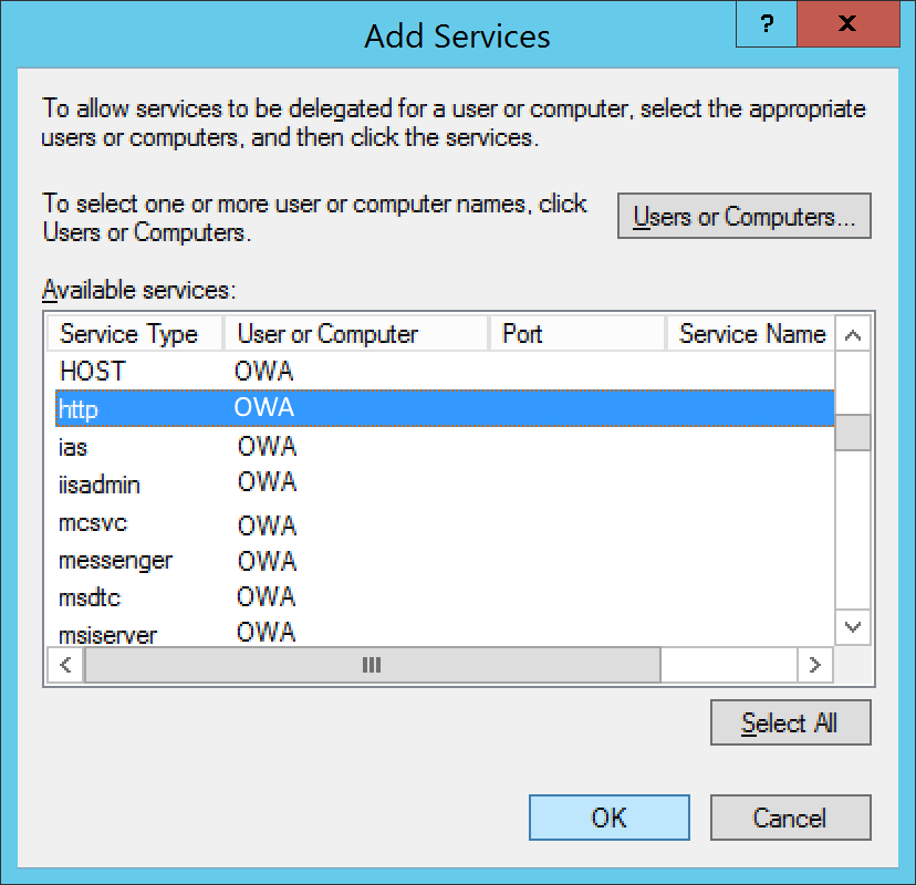 Active Directory Users and Computers - Computers - OWA - Properties - Delegation - Add - users or Computers - http