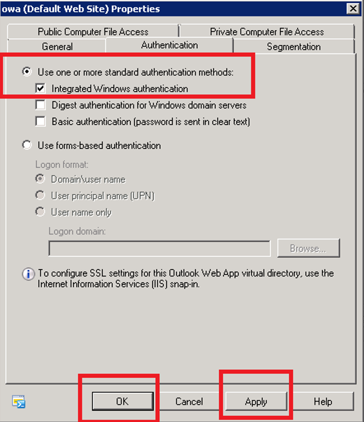 Exchange Management Console (2010) - Outlook Web App Properties - Authentication - Integrated Windows Authentication