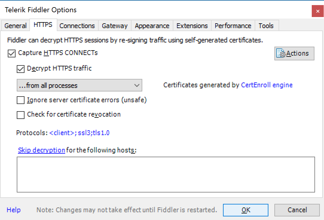 Fiddler - Tools - Telerik Fiddler Options - HTTPS - Decrypt HTTPS traffic