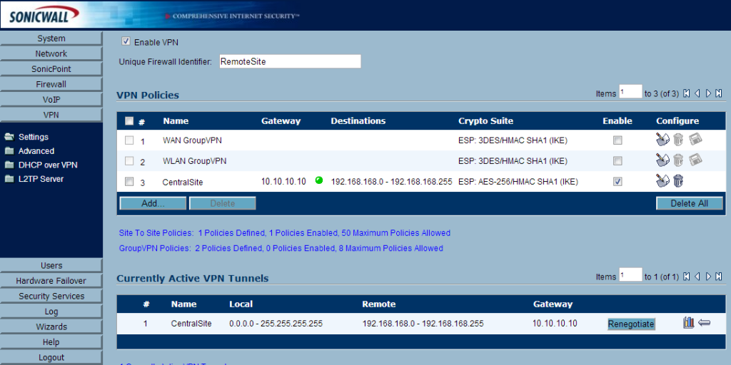 route internet traffic through site to site vpn sonicwall