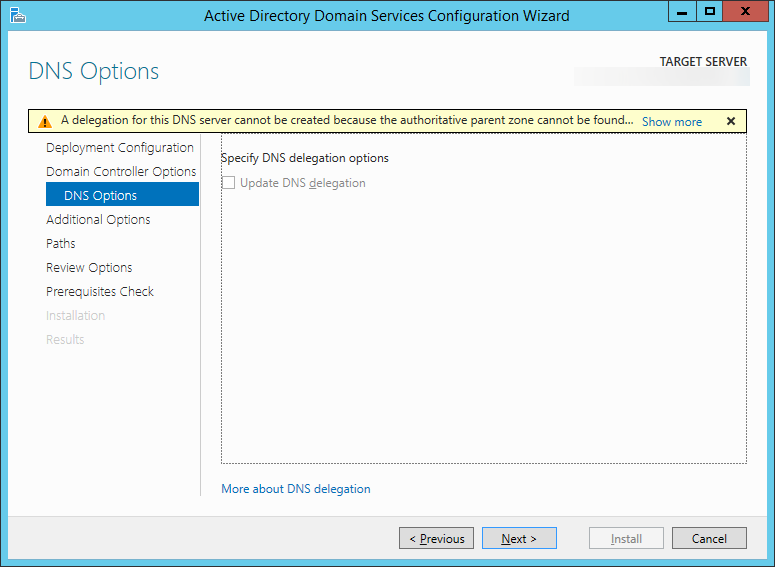 Active Directory Domain Services Configuration Wizard - DNS Options
