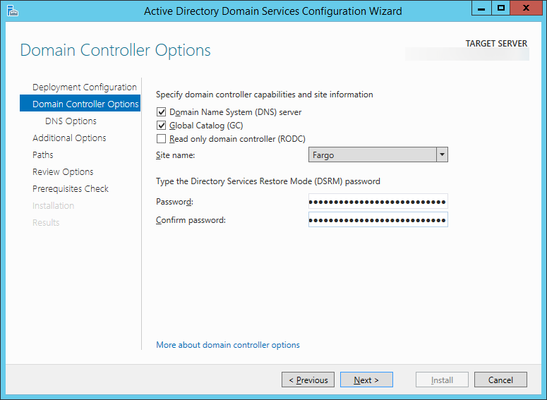 Active Directory Domain Services Configuration Wizard - Domain Controller Options