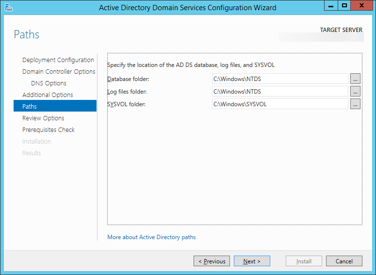 Active Directory Domain Services Configuration Wizard - Paths