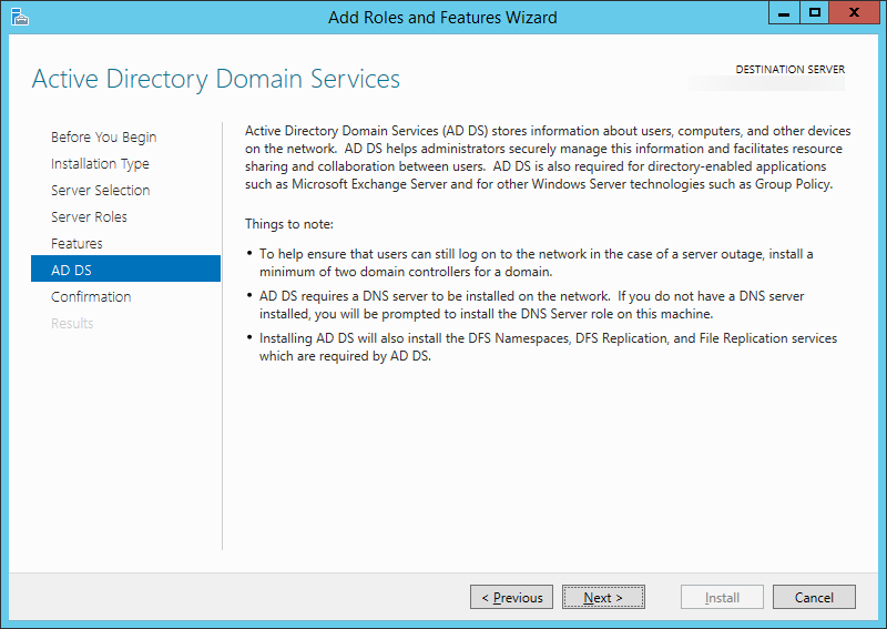 Add Roles and Features Wizard - Active Directory Domain Services