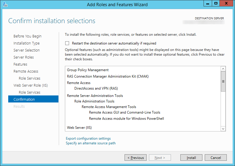Add Roles and Features Wizard - Confirm installation selections