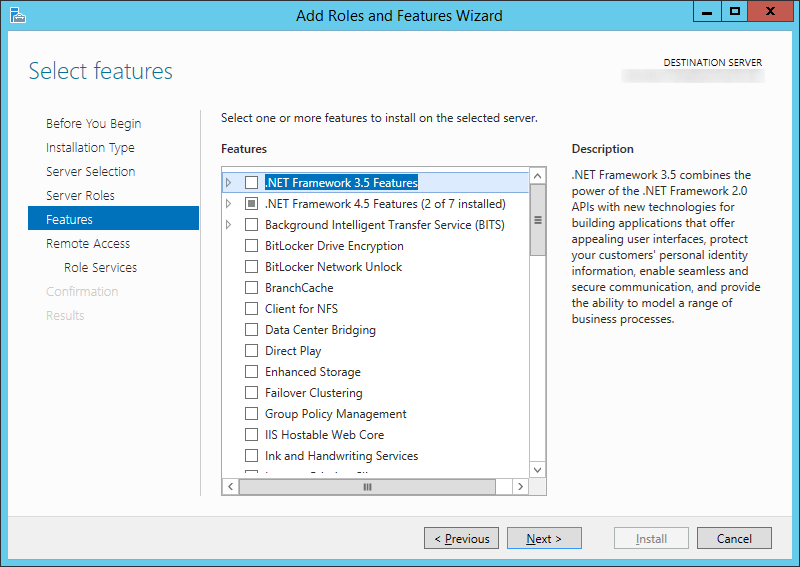 Add Roles and Features Wizard - Server Roles - Features