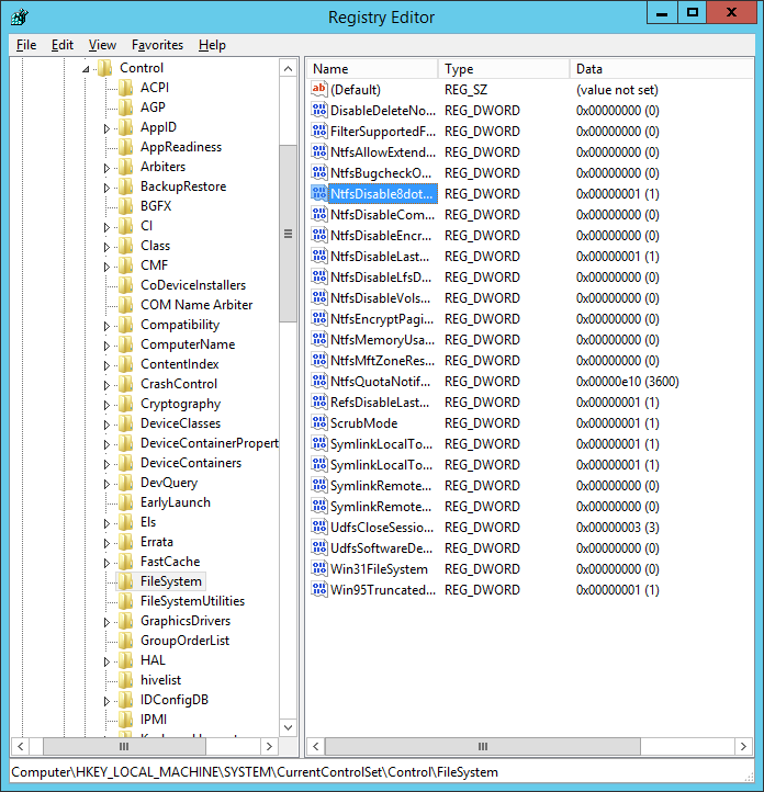 Registry Editor - HKLM-SYSTEM-CurrentControlSet-Control-FileSystem