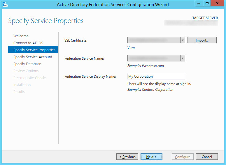 Active Directory Federation Services Configuration Wizard - Specify Service Properties - Federation Service Display Name