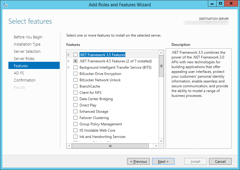 Add Roles and Features Wizard - Features - Default