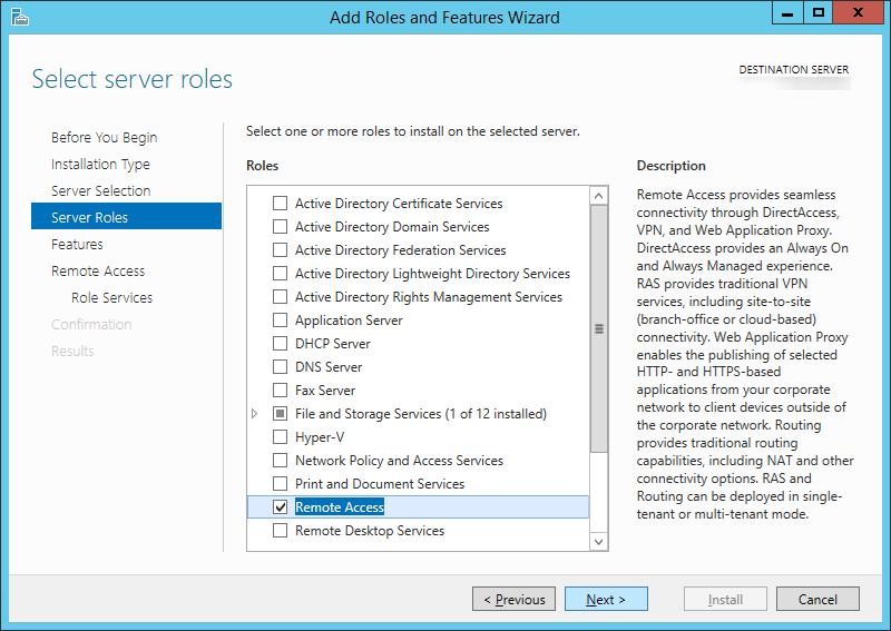 Add Roles and Features Wizard - Remote Access