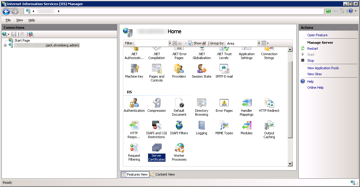 Internet Information Services IIS Manager - Server Home