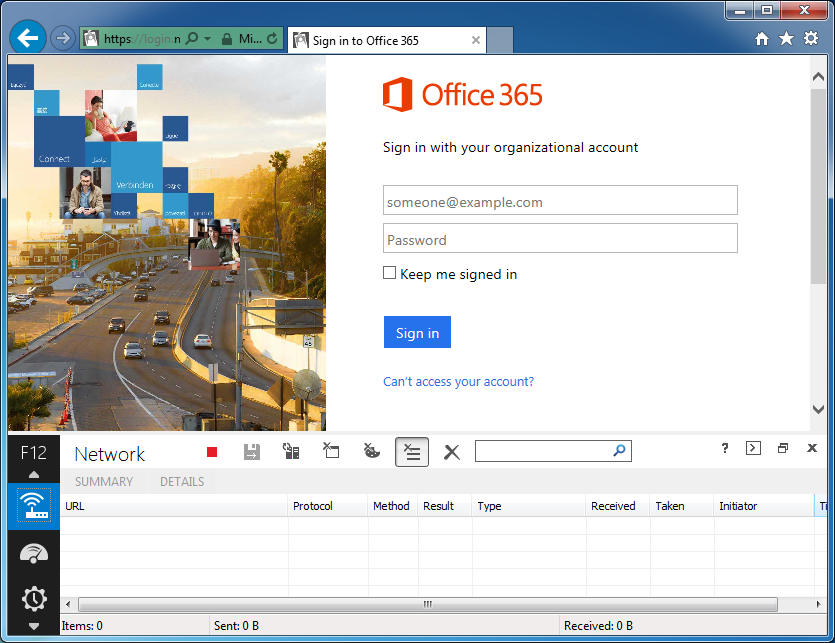 Sign into Office 365 - Developer Console - Network - Start Capture