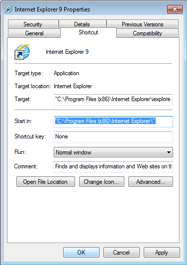 Internet Explorer 9 Shortcut Properties