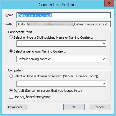 ADSI Edit - Connection Settings - Default naming context