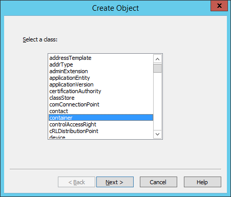 ADSI Edit - Create Object - Container