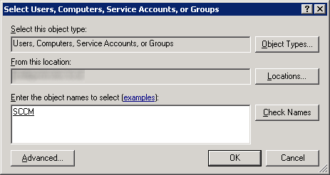Server 2008 - Select Users - Computers - Service Accounts - Groups - SCCM
