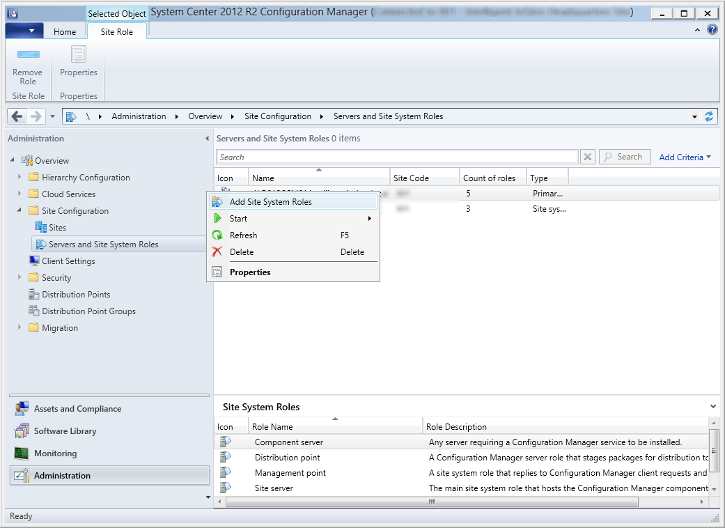 System Center 2012 R2 Configuration Manager - Administration - Servers and Site System Roles - Add Site System Roles