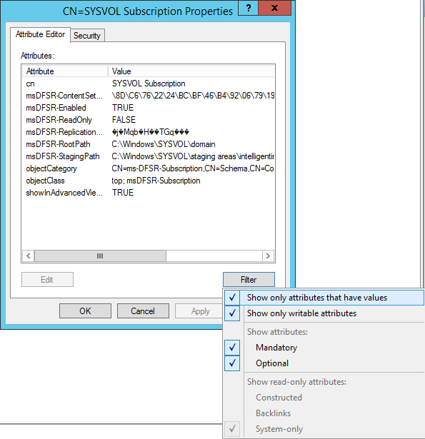 ADSI Edit - Contexte de nommage par défaut - Contrôleurs de domaine - DC01 - DFSR-LocalSettings - Volume système du domaine - Afficher uniquement les attributs ayant des valeurs