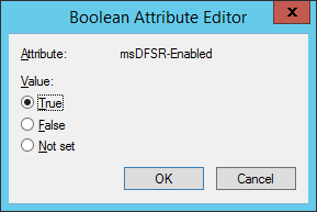 ADSI Edit - Default Naming Context - Domain Controllers - DC01 - DFSR-LocalSettings - Domain System Volume - msDFSR-Enabled - True