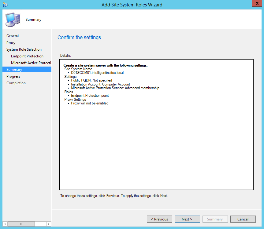 System Center 2012 R2 Configuration Manager - Add Site System Roles Wizard - Summary