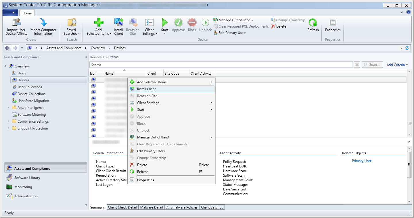 System Center 2012 R2 Configuration Manager - Assets and Compliance - Devices - Client - Install Client