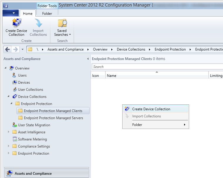 System Center 2012 R2 Configuration Manager - Assets and Compliance - Endpoint Protection Managed Clients - Create Device Collection