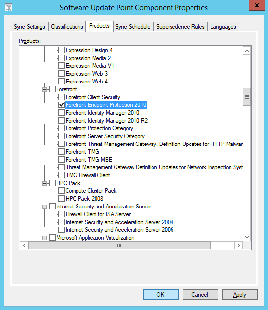 System Center 2012 R2 Configuration Manager - Software Update Point Components Properties - Forefront Endpoint Protection 2010