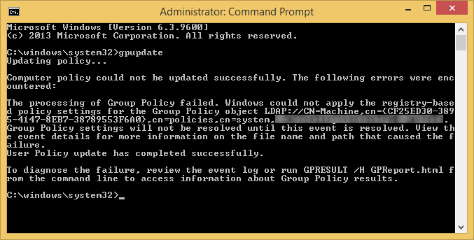 gpupdate - processing of group policy failed - registry-based policy settings