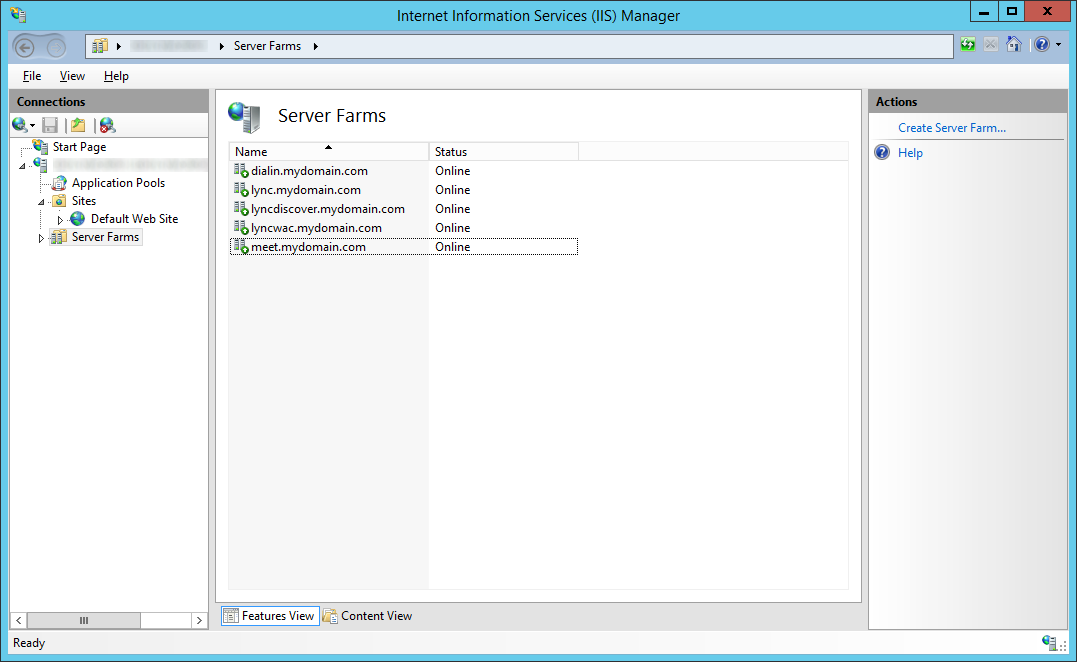 LyncRP - Internet Information Services IIS Manager - Server Farms - meet-dialin-lyncdiscver-lyncwac