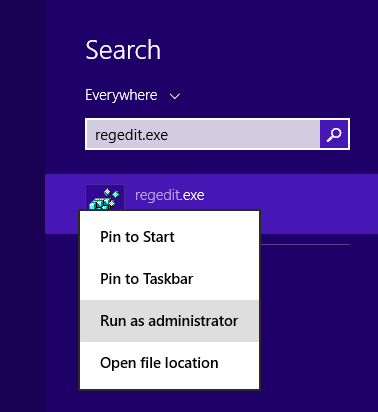 Windows 8 - Search - regedit - Run as administrator