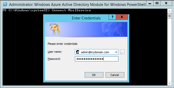 Windows Azure Active Directory Module for Windows PowerShell - Connect-MsolService