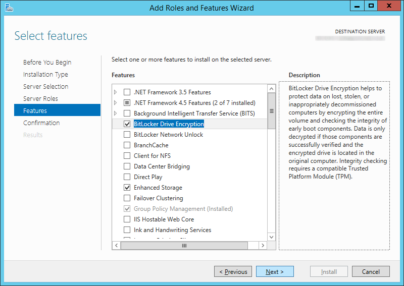 Add Roles and Features Wizard - Features - BitLocker Drive Encryption