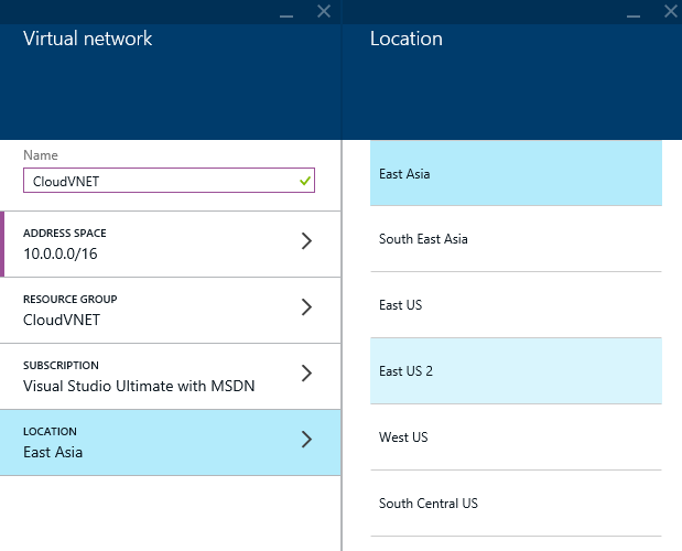 Azure - Create - Networking - Virtual Networking - Location - East US 2