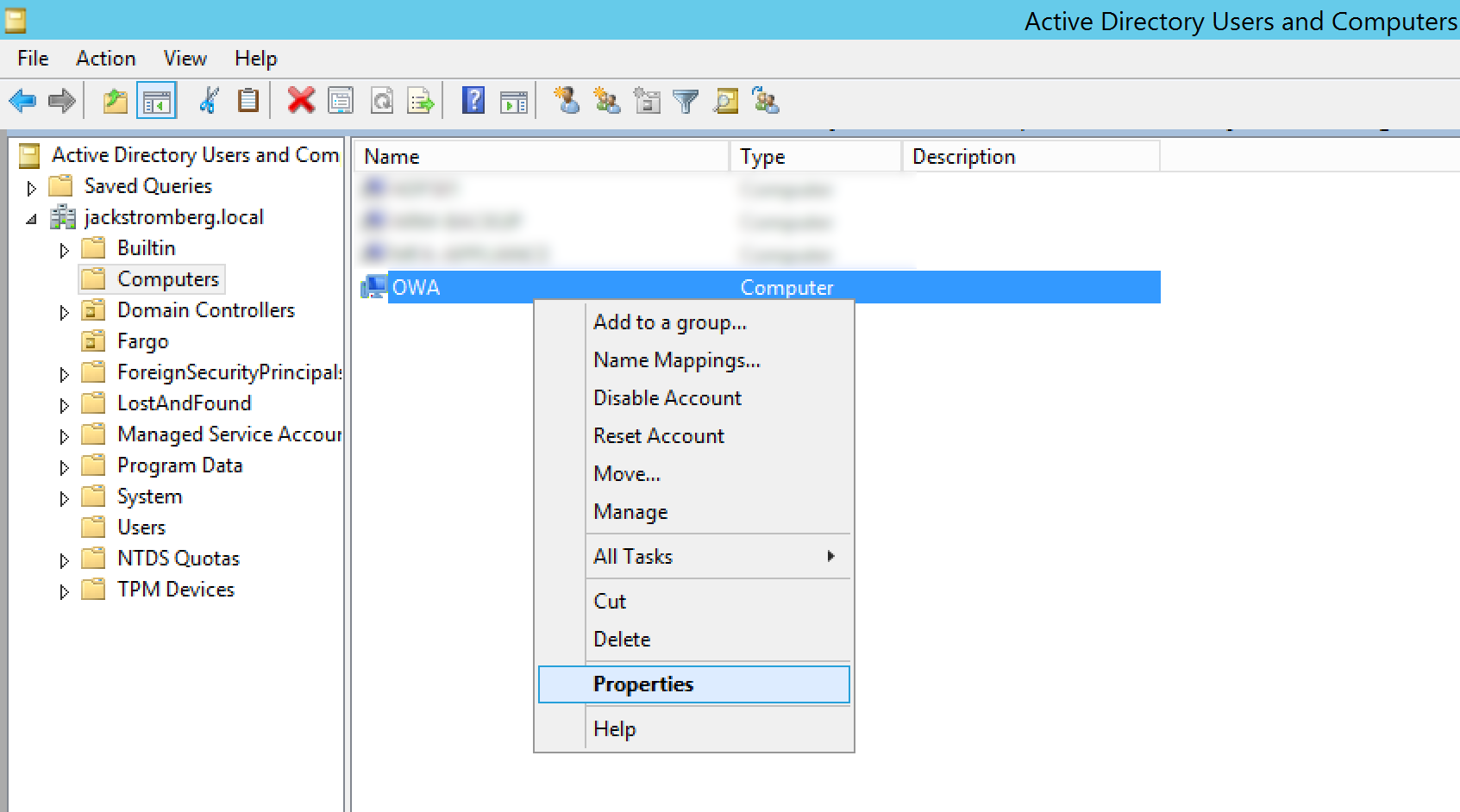 Active Directory Users and Computers - Computers - OWA - Properties