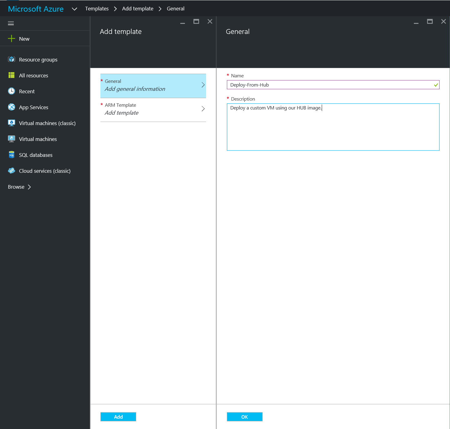 Azure - Browse - Templates - Add - General