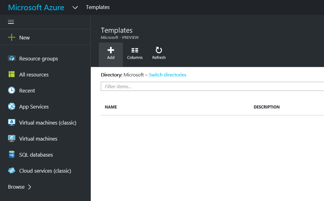 Azure - Browse - Templates - Add