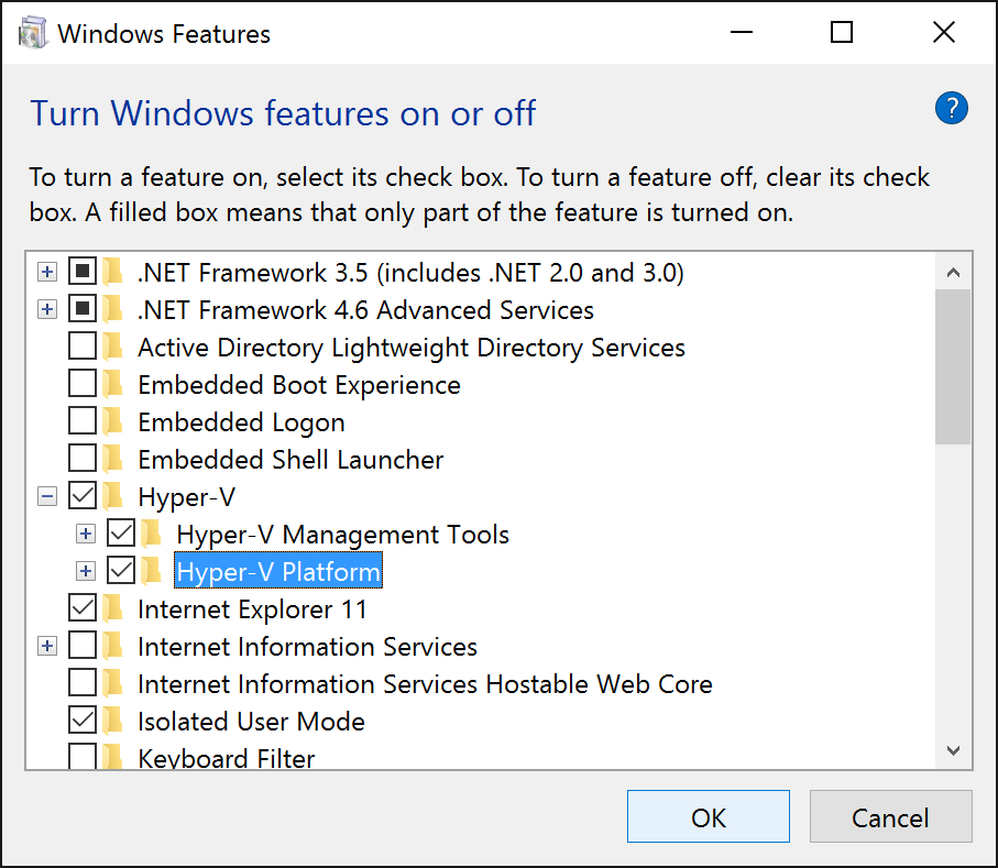 Control Panel - Programs and Features - Turn windows features on or off - Hyper-V