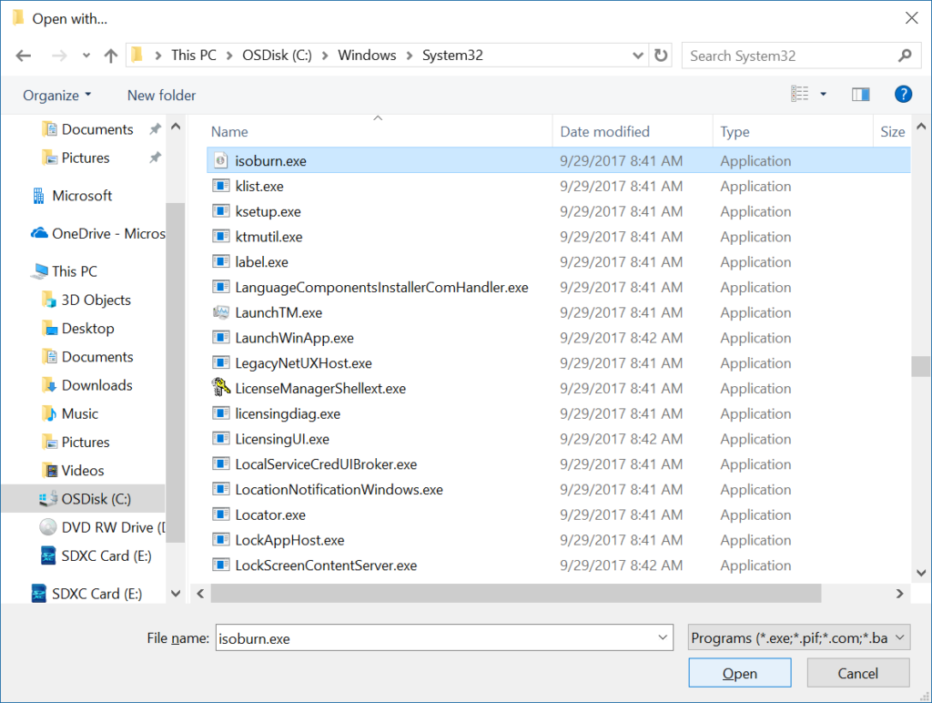 Windows 10 Right click iso Open With Choose another app Look for another app on this PC Open isoburn