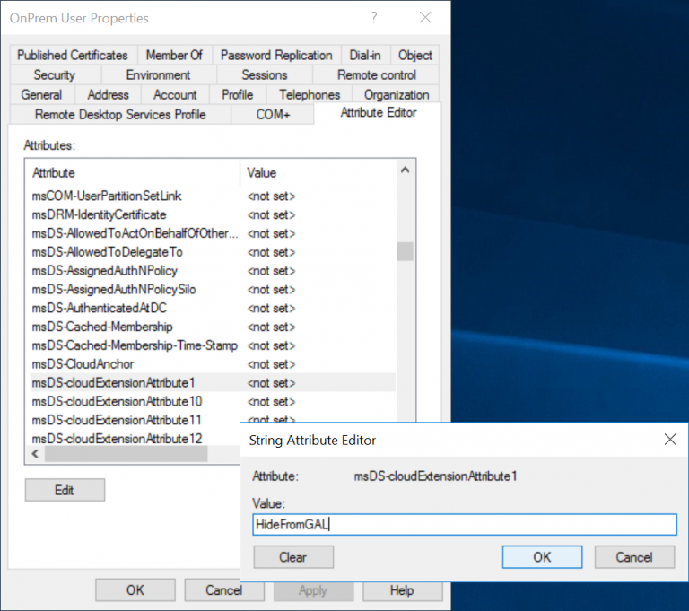 How to hide users from the GAL in Office 365 synchronized from on