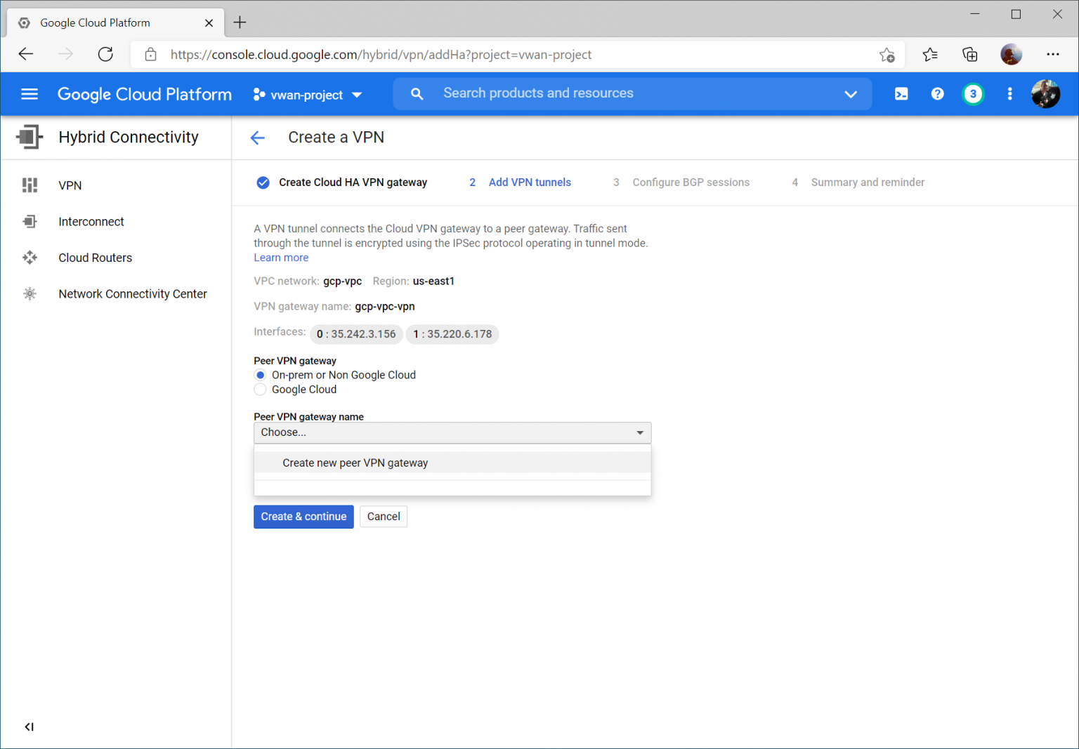 Establishing a GCP VPN Tunnel to Azure Virtual WAN; Active/Active BPG